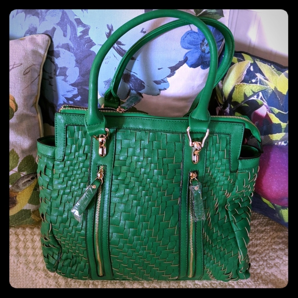 Weaved faux leather bag large tote green handbag